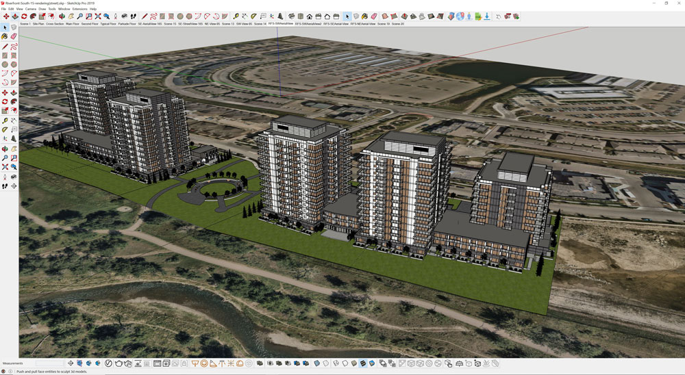 Planowanie koncepcji projektów Quarry Park Riverfront. Modelowane w SketchUp.