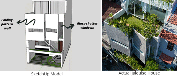 Model domu Jalouise w programie SketchUp, przedstawia składaną ścianę i szklane okiennice. Porównanie z rzeczywistym obrazem domu Jalouise.