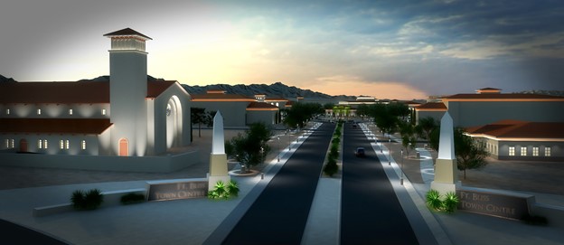 Przekazywanie szczegółów projektu za pomocą SketchUp i 3ds Max. Projekt: Centrum miasta Fort Bliss w El Paso w Teksasie.