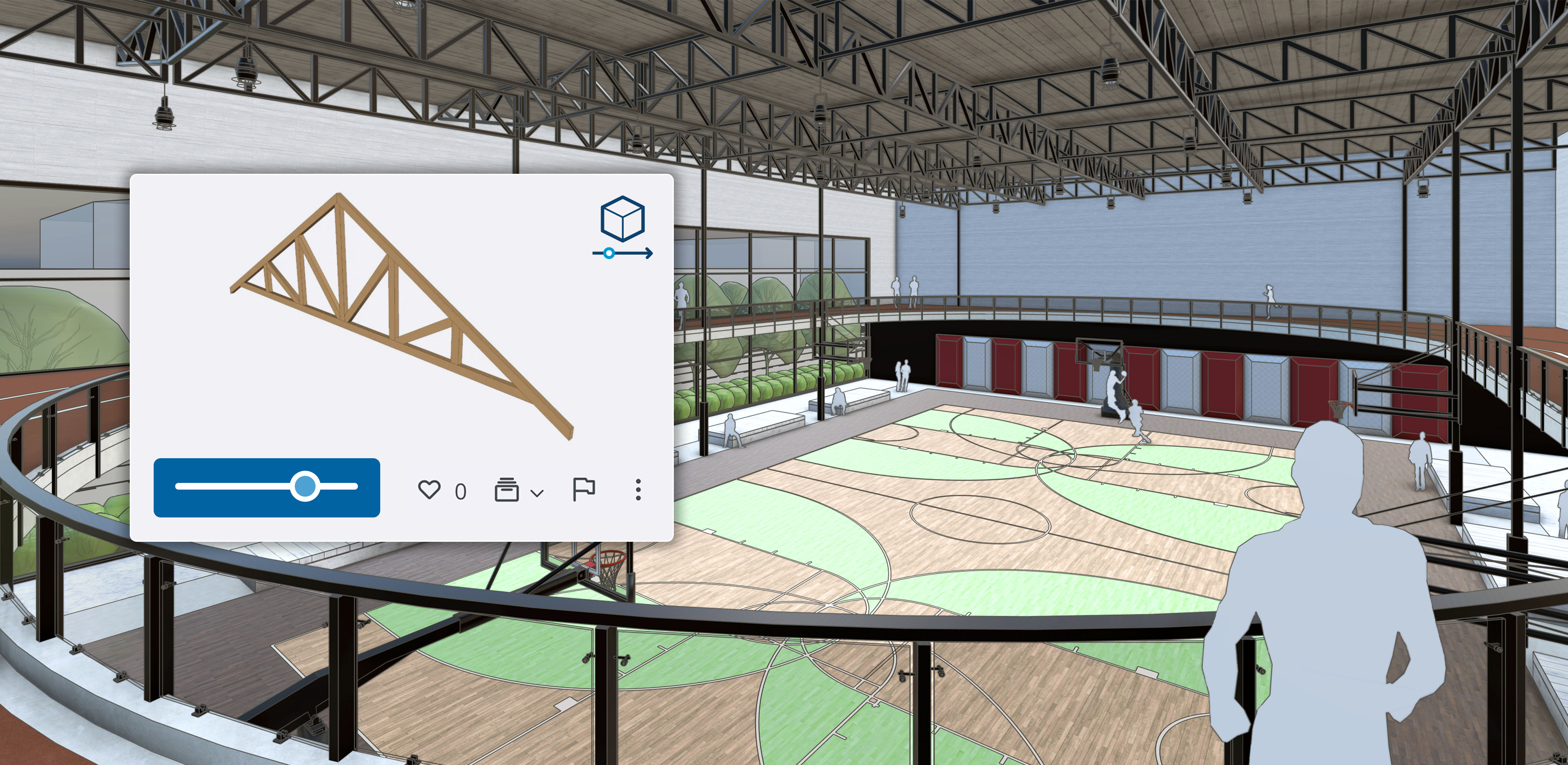 Fotorealistyczne materiały ożywiają boisko do koszykówki i bieżnię w SketchUp, a menu pokazuje możliwą konfigurację dźwigara dachowego jako komponentu Live.