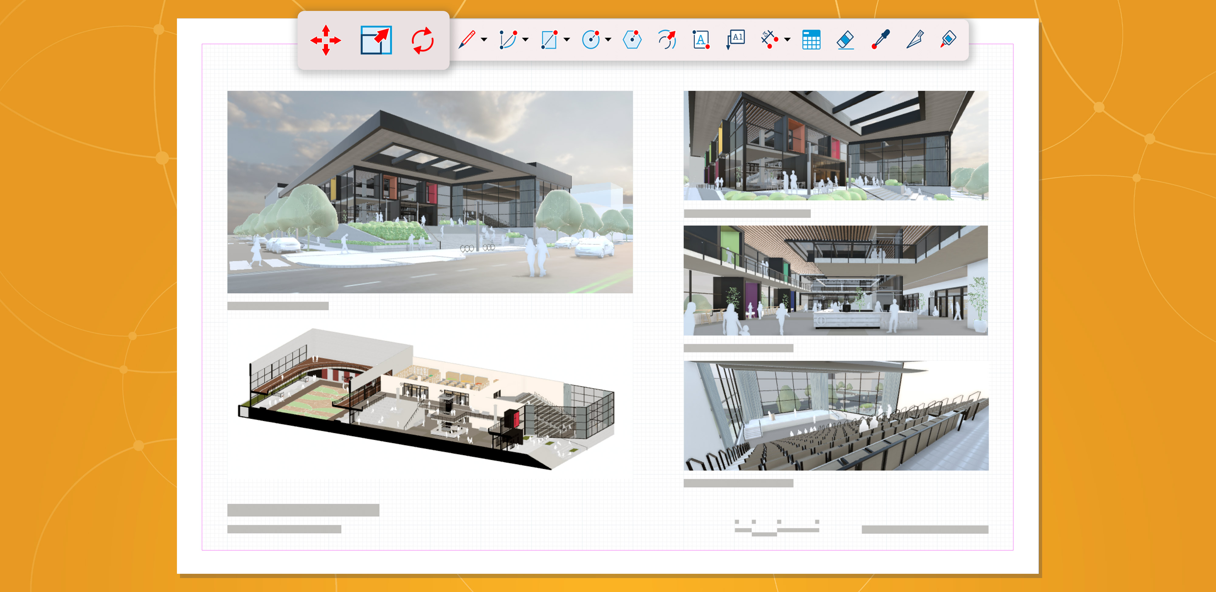 Nowe funkcje wizualizacji przekładają się na dokumentację 2D w LayOut. Zawierają także aktualizacje paska narzędzi, prezentując oddzielne ikony narzędzi Przesuń, Skaluj i Obróć (od lewej do prawej).