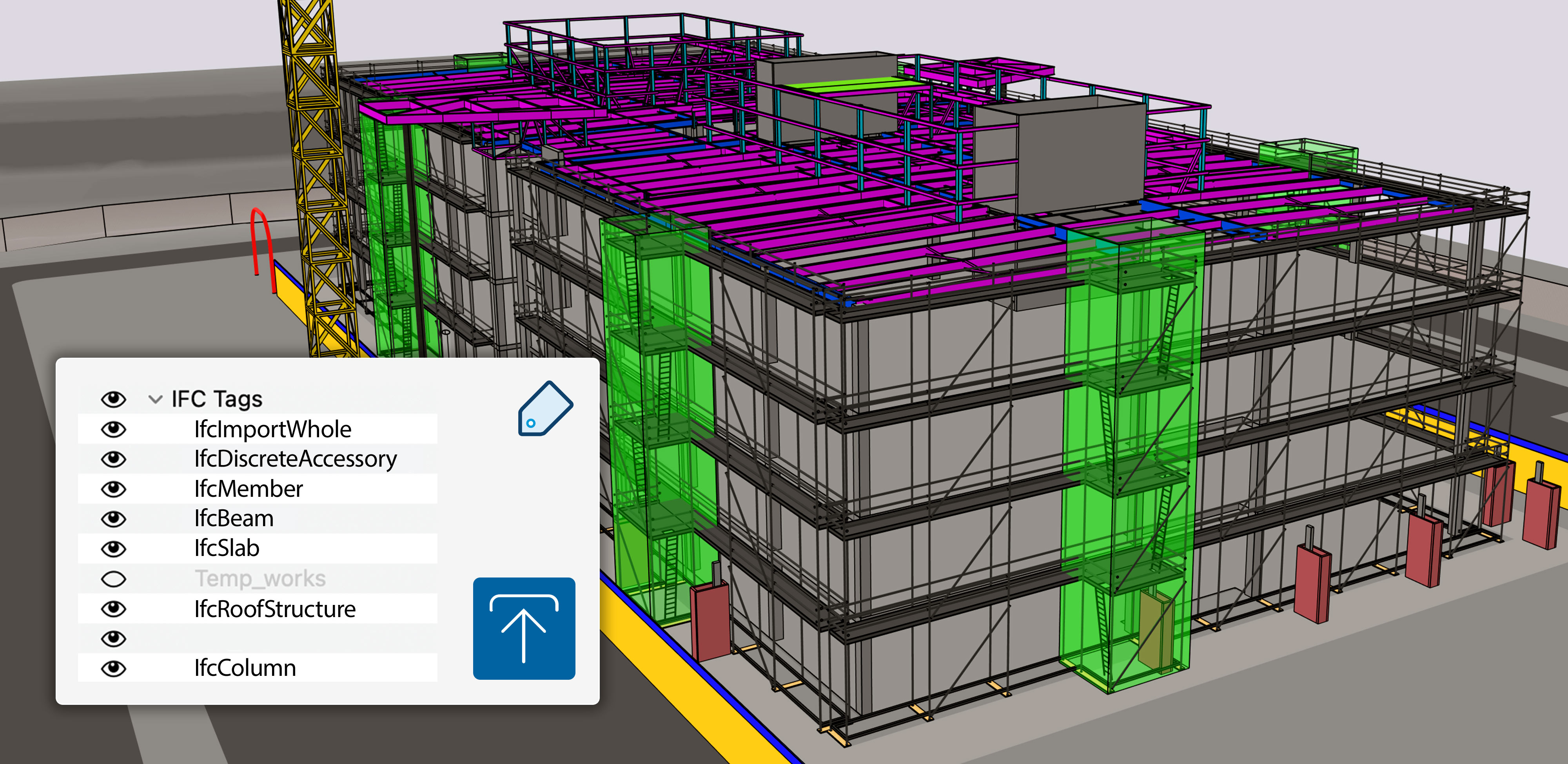 Plik IFC przedstawiający koncepcję  budynku zaimportowany do SketchUp z oznaczeniem na ekranie pokazującym klasy IFC jako tagi w SketchUp oraz przyciskiem do przesyłania. 